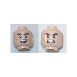 LEGO 3626cbd1731 Minifig Head Kite Man, Dual Sided Thick Dark Brown Eyebrows, Cheek Lines, Open Mouth Smile / Teeth Angry Print