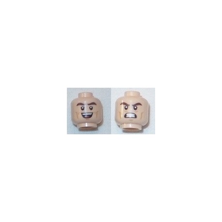 LEGO 3626cbd1731 Minifig Head Kite Man, Dual Sided Thick Dark Brown Eyebrows, Cheek Lines, Open Mouth Smile / Teeth Angry Print