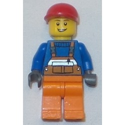 LEGO cty0188 Overalls with Safety Stripe Orange, Orange Legs, Red Short Bill Cap, Open Grin
