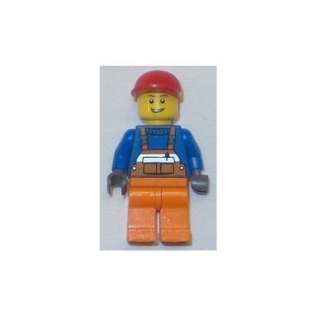 LEGO cty0188 Overalls with Safety Stripe Orange, Orange Legs, Red Short Bill Cap, Open Grin