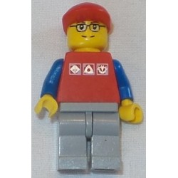 LEGO cty0060 Red Shirt with 3 Silver Logos, Dark Blue Arms, Light Bluish Gray Legs, Glasses