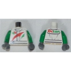 LEGO 973bd1373c01 Minifig Torso Octan Logo Jacket with Red and Green Stripe Pattern / Green Arms / Dark Bluish Gray Hands