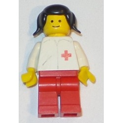 LEGO doc006 Doctor - Straight Line, Red Legs, Black Pigtails Hair