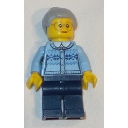 LEGO hol106 Grandmother - Fair Isle Sweater, Light Bluish Gray Hair with Top Knot Bun, Dark Blue Legs, Glasses
