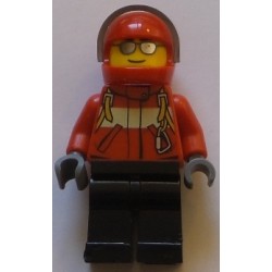 LEGO cty0678 City Pilot Male, Red Fire Suit with Carabiner, Black Legs, Red Helmet, Silver Sunglasses