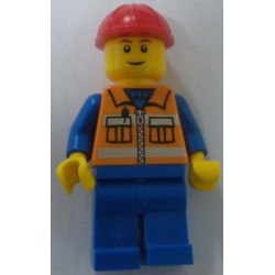LEGO cty0009 Construction Worker - Orange Zipper, Safety Stripes, Blue Arms, Blue Legs, Red Construction Helmet