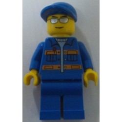 LEGO cty0148 Blue Jacket with Pockets and Orange Stripes, Blue Legs, Blue Cap, Silver Sunglasses, Eyebrows and Thin Grin