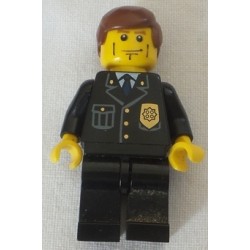 LEGO cty0101 Police - City Suit with Blue Tie and Badge, Black Legs, Vertical Cheek Lines, Reddish Brown Hair