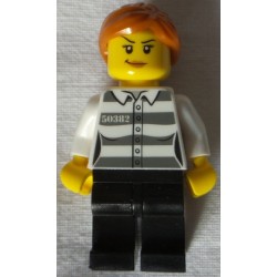 LEGO cty1129 Police - Jail Prisoner 50382 Prison Stripes, Female, Black Legs, Scowl with Peach Lips, Orange Ponytail