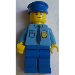 LEGO cop055 Police - City Shirt with DkBlue Tie and Gold Badge, Blue Legs, Blue Police Hat, Crooked Smile