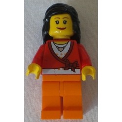 LEGO cty0149 Sweater Cropped with Bow, Heart Necklace, Orange Legs, Black Female Hair Mid-Length