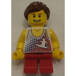 LEGO gen061 Tank Top with Surfer Silhouette, Red Short Legs, RedBrown Ponytail and Swept Sideways Fringe
