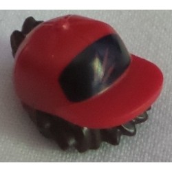 LEGO 65730bd01 Minifig Hair Combo Hat Short Tousled Hair Molded Red Cap Short Curved Bill Printed Streaks on Black