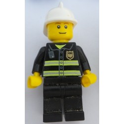 LEGO cty0090 Fire - Reflective Stripes, Black Legs, White Fire Helmet, Brown Eyebrows, Thin Grin, Yellow Hands